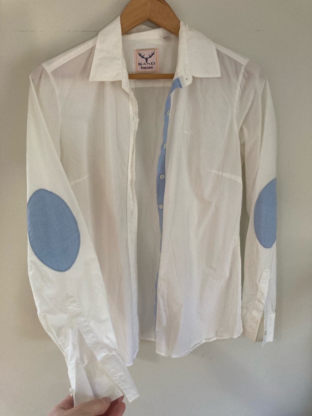 Sand Copenhagen White Button-Up Shirt with Light Blue Elbow Patches Size M